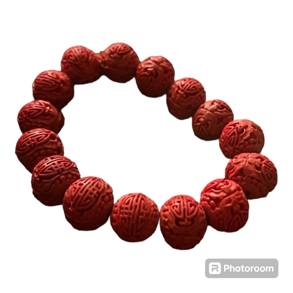 Red Chinese carved stone bead bracelet